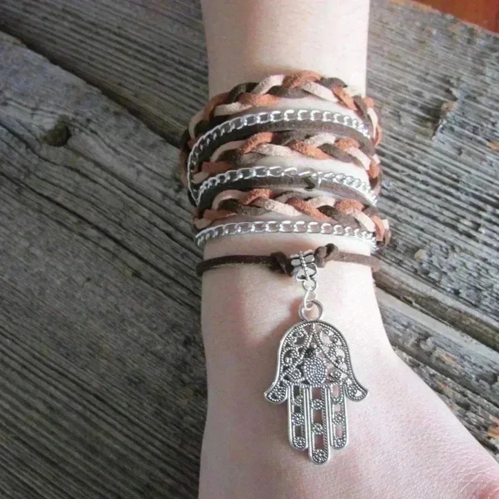 Hasma Hand multi brown tone suede bracelet with chain.